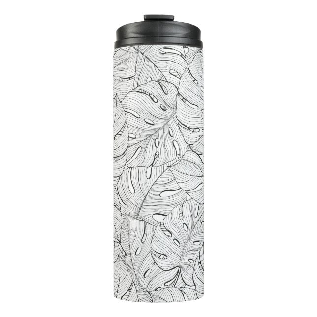 Garrafa Térmica Monstera deixa padrão branco preto (Frente)