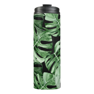 Garrafa Térmica Monstera Escura: Impressão Tropical Watercolor.