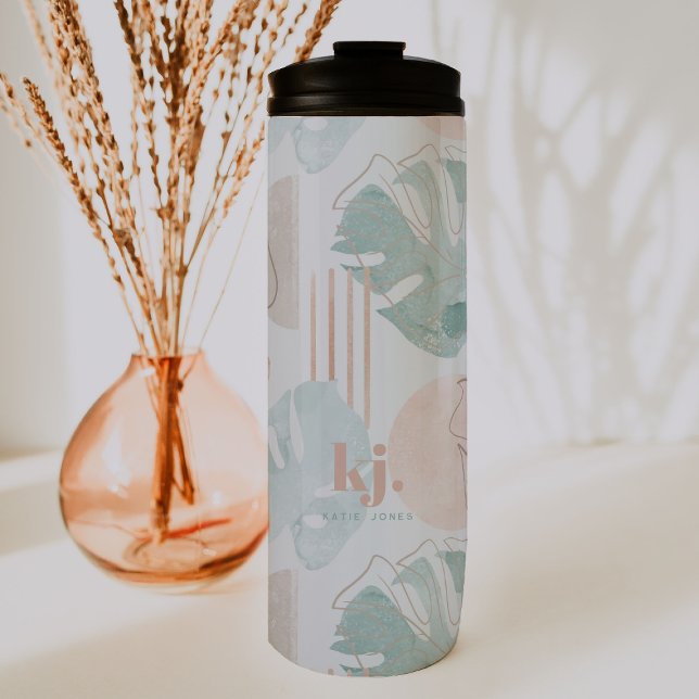 Garrafa Térmica Monstera Minimalista | Monograma Boho Moderno (Criador carregado)