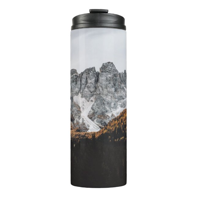 Garrafa Térmica MONTANHA ROCKY cinza COM ÁRVORES ABAIXO DO DIA (Frente)