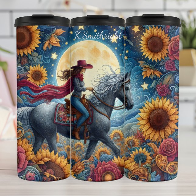 Garrafa Térmica Moonlit Cowgirl Sunflower Horse Ride (Criador carregado)