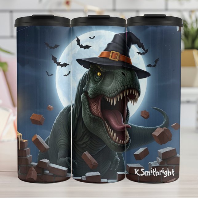 Garrafa Térmica Morcego de Chapéu de Bruxa de Halloween T-Rex (Criador carregado)