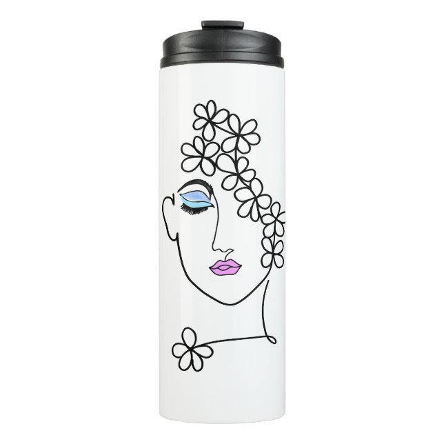 Garrafa Térmica Mulher Com Flores Arte Linear   (Frente)