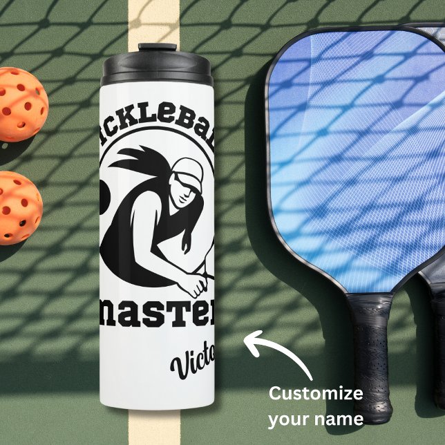 Garrafa Térmica Mulher Jogadora Mestra de Pickleball Nome Personal (Criador carregado)