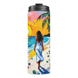 Garrafa Térmica Mulher na Cena Tropical da Praia