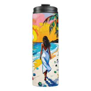 Garrafa Térmica Mulher na Cena Tropical da Praia