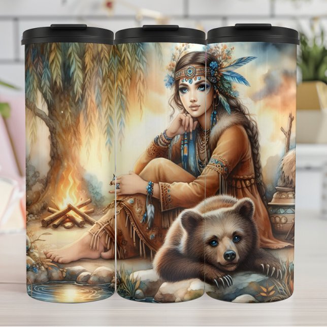 Garrafa Térmica Mulher Nativa, Cubo Urso: Fogo (Criador carregado)