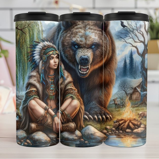 Garrafa Térmica Mulher Nativa, Urso, Fogo (Criador carregado)
