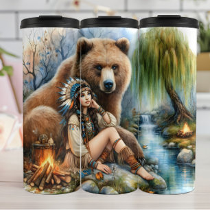 Garrafa Térmica Mulher Nativa, Urso, Fogo: Córrego Tranquilo