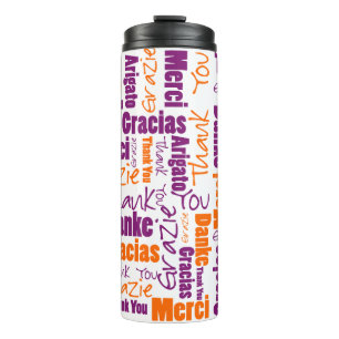 Garrafa Térmica Multilingual Laranja Roxo Obrigado Tipografia