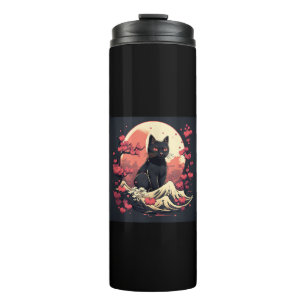 Garrafa Térmica Mystical Sakura Night_ Black Cat com lua cheia