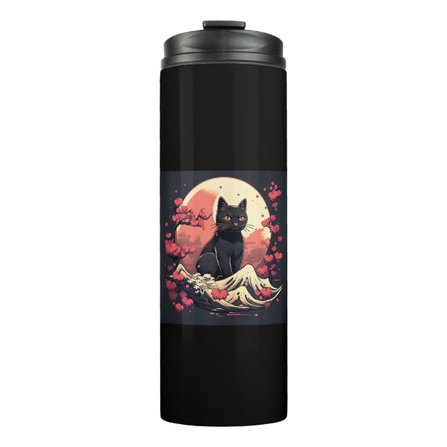 Garrafa Térmica Mystical Sakura Night_ Black Cat com lua cheia (Frente)