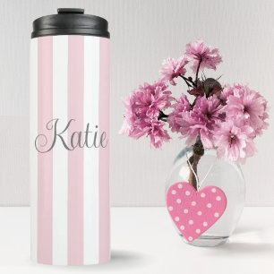 Garrafa Térmica Na moda, Rosa Bebê e Listras Brancas Personalizada