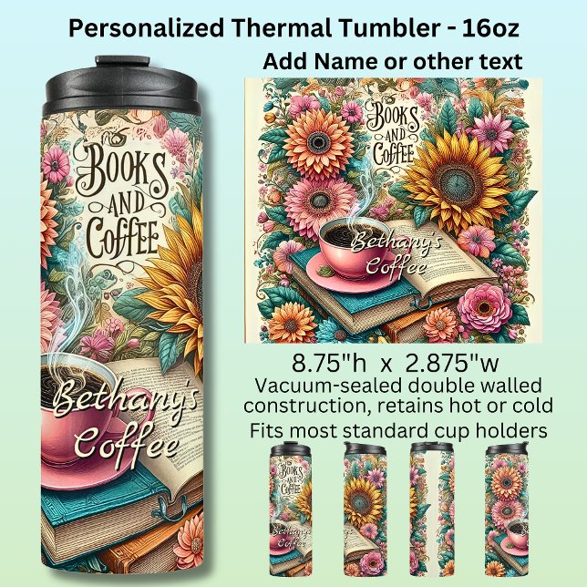 Garrafa Térmica Name, Books & Coffee with Flowers (Criador carregado)