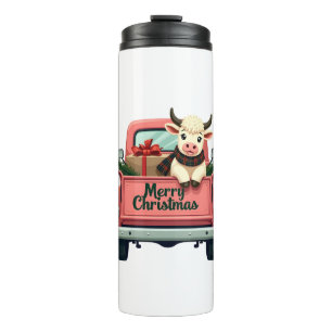 Garrafa Térmica Natal Antigo Cow Highland Rosa na Fazenda Merry Ch