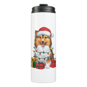 Garrafa Térmica Natal de Santa Hat Sheltie no Xmas Lighting