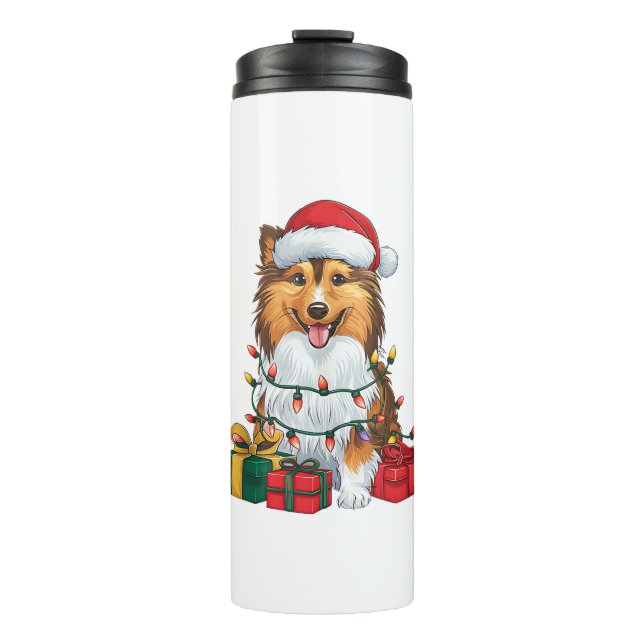 Garrafa Térmica Natal de Santa Hat Sheltie no Xmas Lighting (Frente)