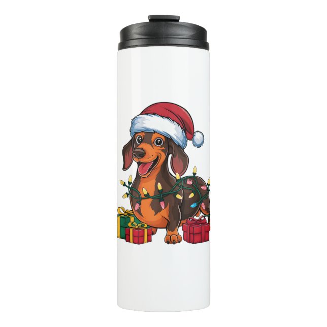 Garrafa Térmica Natal do Dachshund Dog do Santa Hat Lighting (Frente)