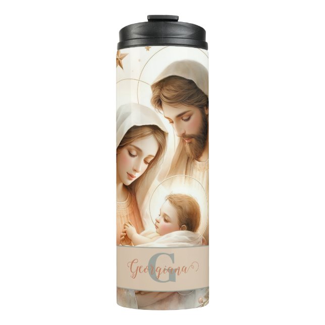 Garrafa Térmica Natividade Bebê Jesus Cristo Floral Personalizado (Frente)