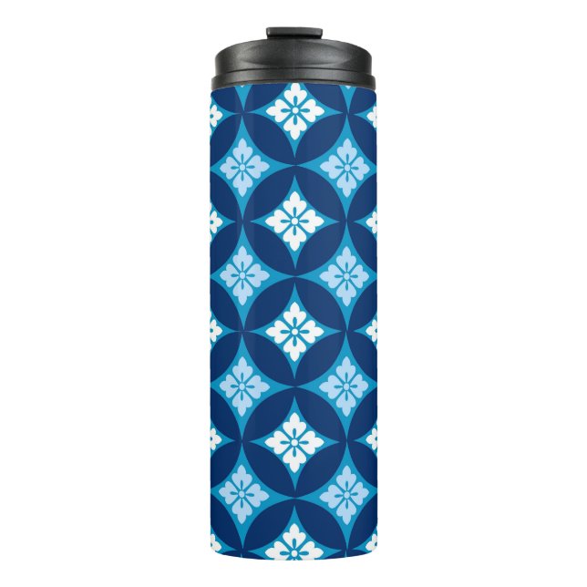 Garrafa Térmica Navio com Motif Flor, Azul Indigo e Branco (Frente)