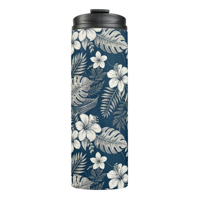 Garrafa Térmica Navy Blue Hibiscus Monstera Tropical Botanical (Frente)