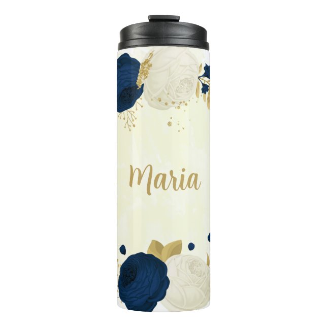 Garrafa Térmica navy e flores brancas dourado botânico (Frente)