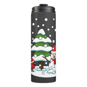 Garrafa Térmica Neve Caindo no Cardeal, Snowman e Pine Tree