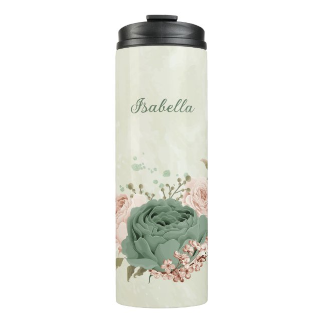 Garrafa Térmica noiva floral verde sálvia com blush (Frente)