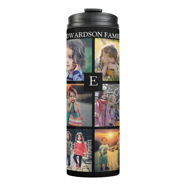 Garrafa Térmica Nome da família de fotos preta moderna colagem de  (Frente)