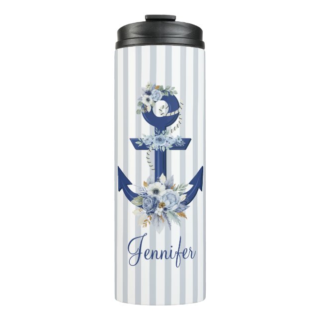 Garrafa Térmica nome das listras náuticas azuis florais (Frente)
