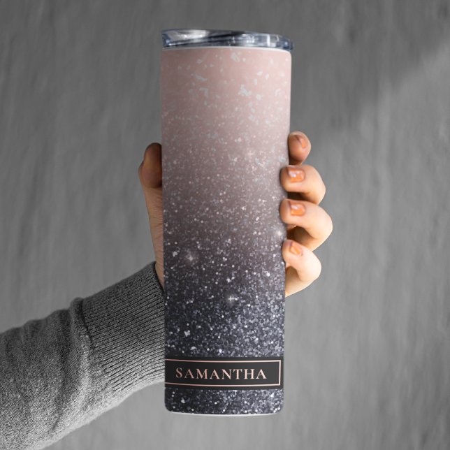 Garrafa Térmica Nome de cintilações preto e rosa modernos (Criador carregado)