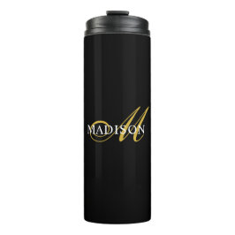 Garrafa Térmica Nome de Script Dourado do Monograma Preto Moderno 