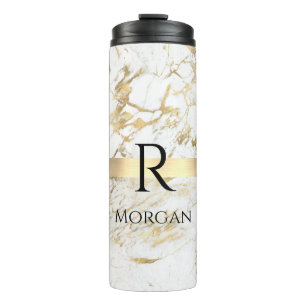 Garrafa Térmica Nome DIY e Monograma Texto Preto, Mármore Branco e