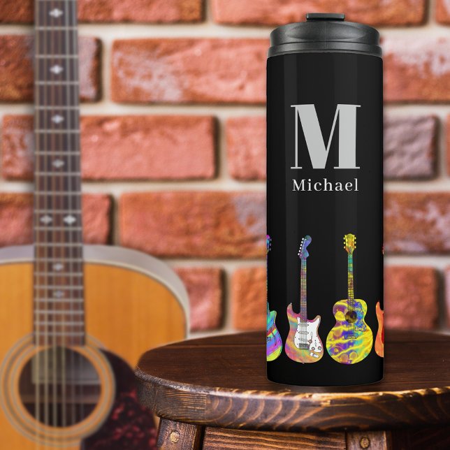 Garrafa Térmica Nome do Adição de Padrão de Violão (Guitar pattern custom monogram black thermal tumbler with funky psychedelic pop art guitars )