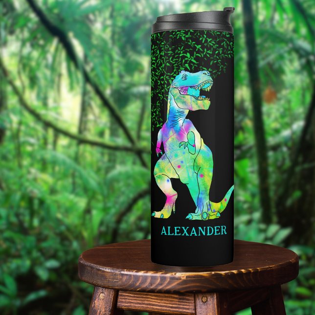 Garrafa Térmica Nome do Adicionar Dinossauro T-Rex (Colorful T-Rex dinosaur custom name thermal tumbler with Jurassic jungle foliage )