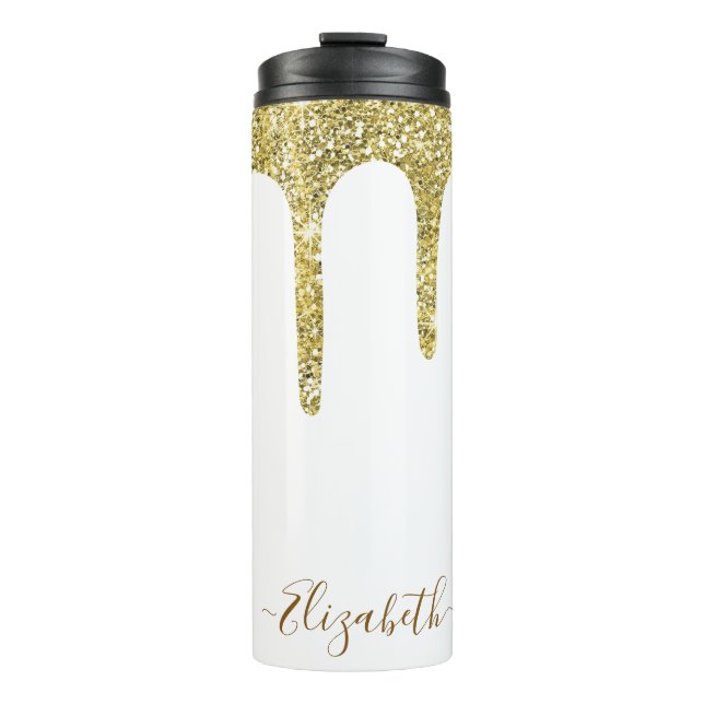 Garrafa Térmica Nome do Monograma da Glitter Dourada Elegante (Frente)