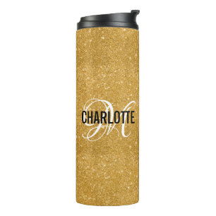 Garrafa Térmica Nome do monograma do glitter dourado quico