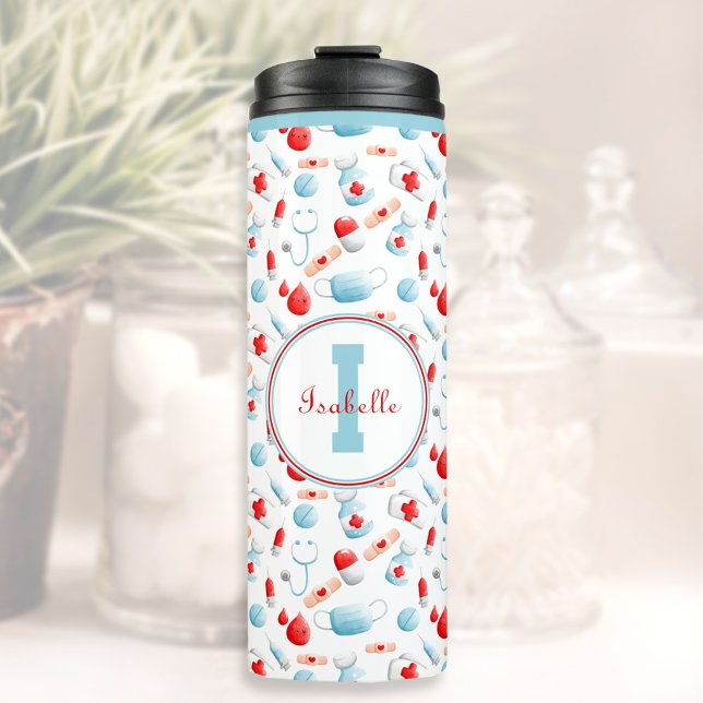 Garrafa Térmica Nome Médico Monograma Enfermeiro Térmico (Medical Pattern Monogram Nurse Thermal Tumbler)