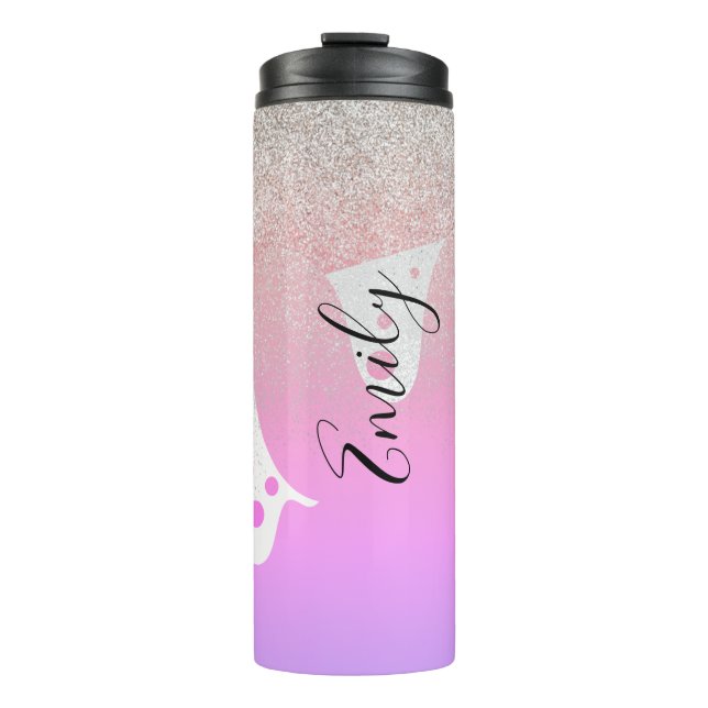 Garrafa Térmica Nome Monograma de Sparkles Coletor Rosa (Frente)