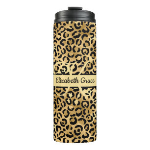 Garrafa Térmica Nome Monograma Preto Dourado Estampa Leopardo Guep