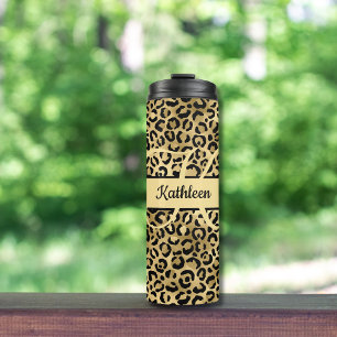 Garrafa Térmica Nome Monograma Preto Dourado Estampa Leopardo Guep