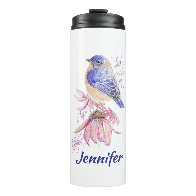 Garrafa Térmica Nome personalizado Aquarela Bluebird Garden Bird A (Frente)