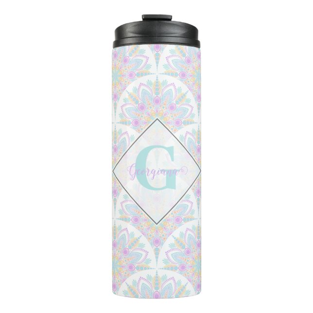 Garrafa Térmica Nome Personalizado Art Deco Pastel Rainbow Floral  (Frente)