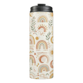 Garrafa Térmica Nome Personalizado Boho Arco-íris e Copo de Viagem