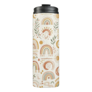 Garrafa Térmica Nome Personalizado Boho Arco-íris e Copo de Viagem