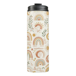 Garrafa Térmica Nome Personalizado Boho Arco-íris e Copo de Viagem