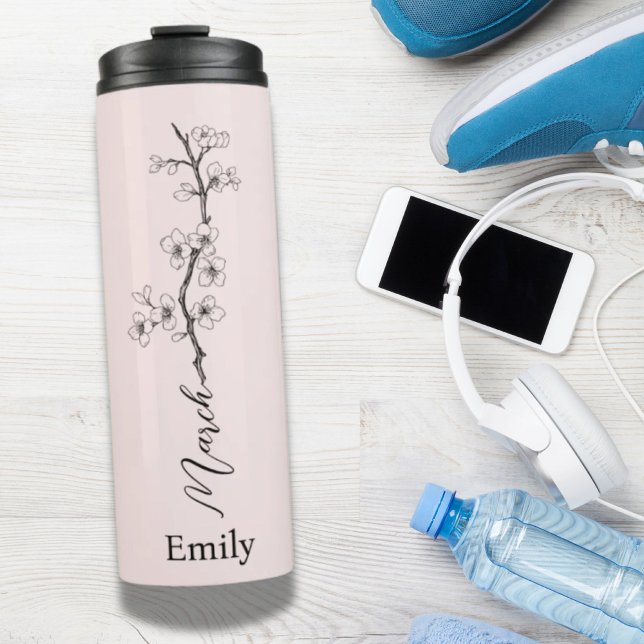 Garrafa Térmica Nome personalizado Cherry Blossom March Birthor Fl (Custom Name Cherry Blossom March Birth Flower Thermal Tumbler)