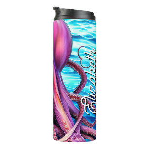 Garrafa Térmica Nome Personalizado Cor-de-Rosa Octopus Blue Ocean 