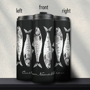 Garrafa Térmica Nome Personalizado de Arte da Sardine Branca Monoc