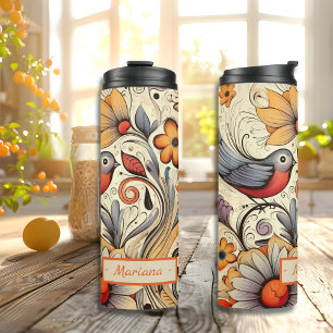 Garrafa Térmica Nome personalizado de Design Floral e Pombo Summer